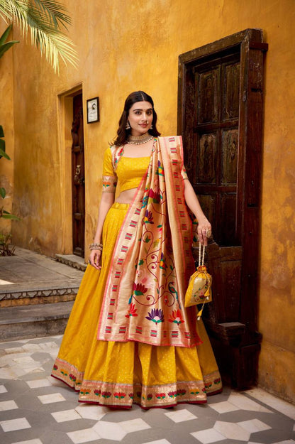 Silk Paithani Lehenga Choli – Zari Weaving with Lace Border, Jacquard Dupatta