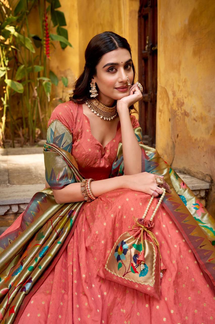 Silk Paithani Lehenga Choli – Zari Weaving with Lace Border, Jacquard Dupatta