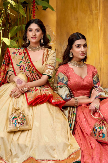 Silk Paithani Lehenga Choli – Zari Weaving with Lace Border, Jacquard Dupatta & Batwa