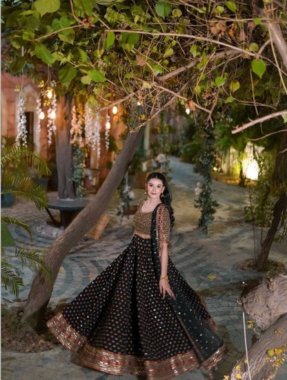 Black Poly Silk Lehenga Choli – Zari, Thread, Sequins & Dori Work with Net Dupatta