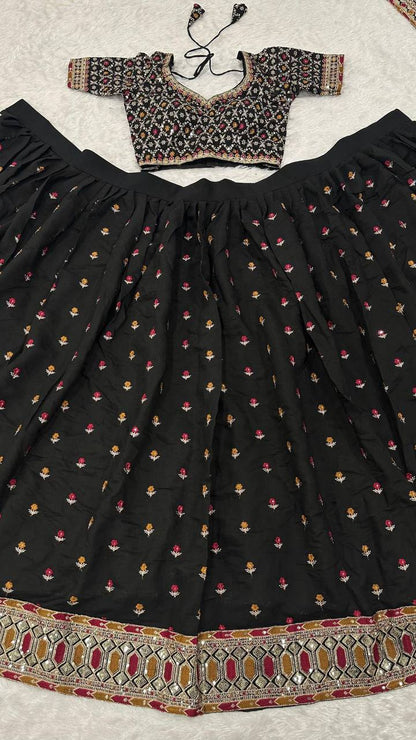 Black Poly Silk Lehenga Choli – Zari, Thread, Sequins & Dori Work with Net Dupatta
