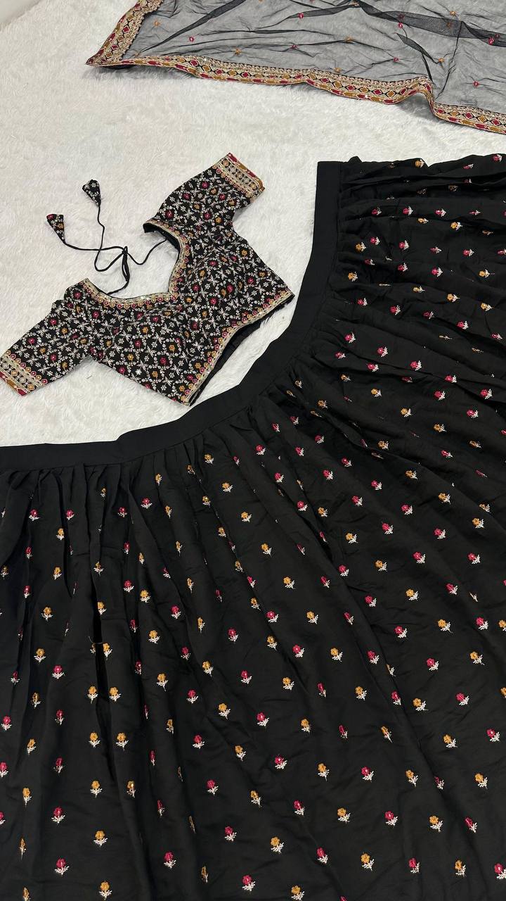 Black Poly Silk Lehenga Choli – Zari, Thread, Sequins & Dori Work with Net Dupatta