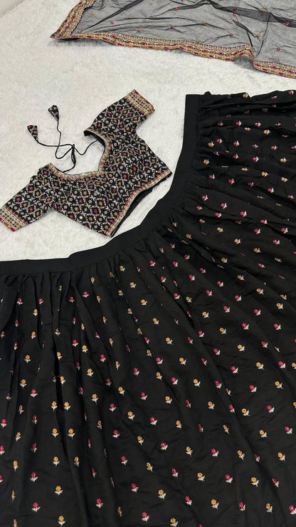 Black Poly Silk Lehenga Choli – Zari, Thread, Sequins & Dori Work with Net Dupatta
