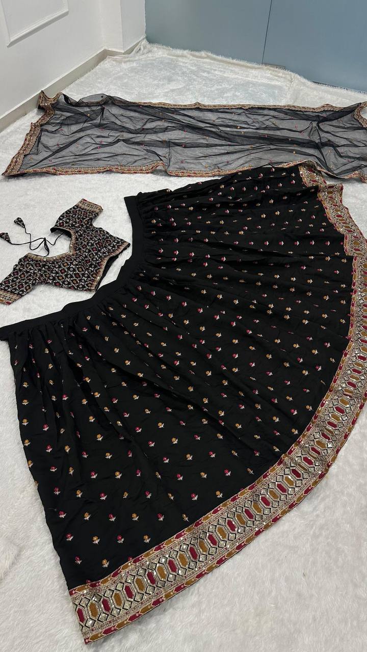 Black Poly Silk Lehenga Choli – Zari, Thread, Sequins & Dori Work with Net Dupatta