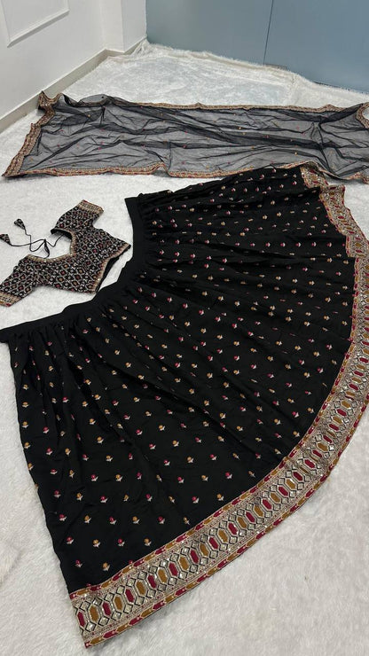 Black Poly Silk Lehenga Choli – Zari, Thread, Sequins & Dori Work with Net Dupatta