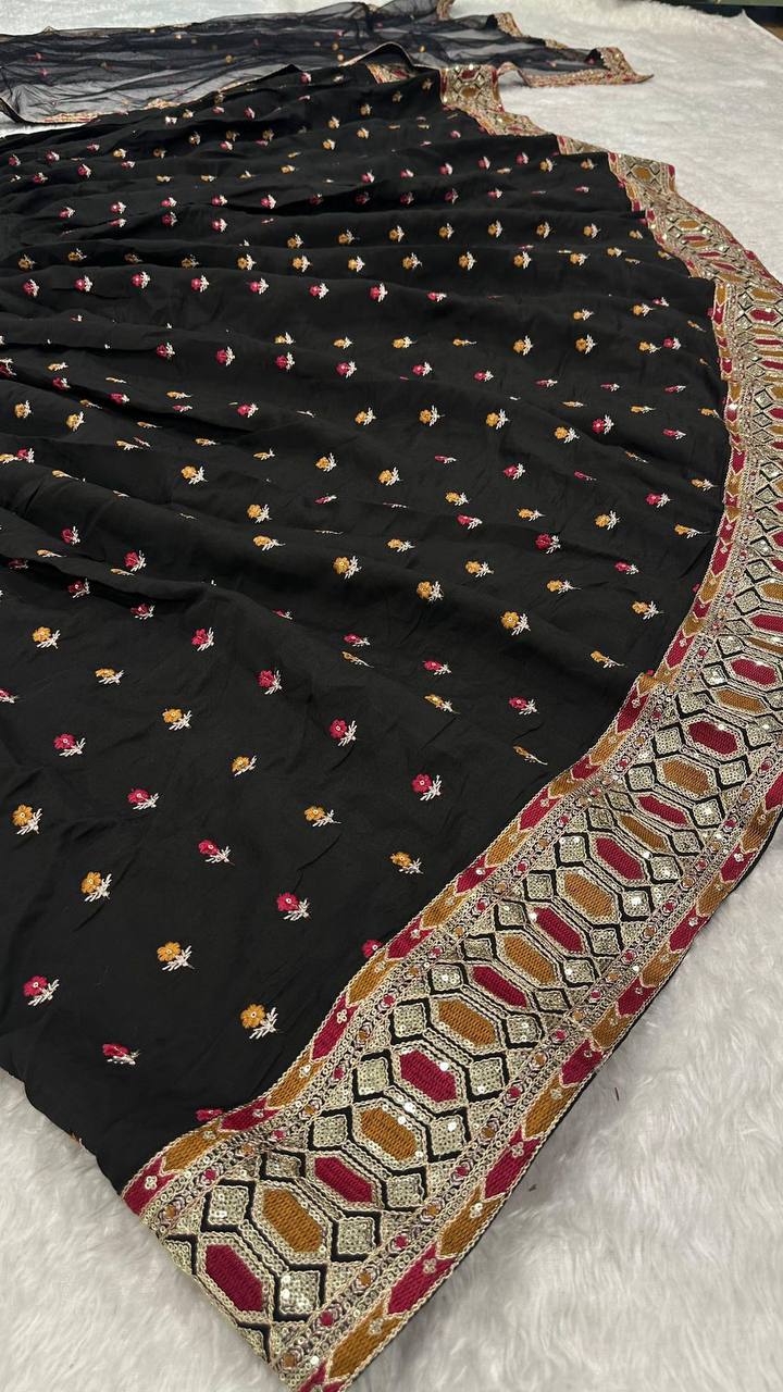 Black Poly Silk Lehenga Choli – Zari, Thread, Sequins & Dori Work with Net Dupatta