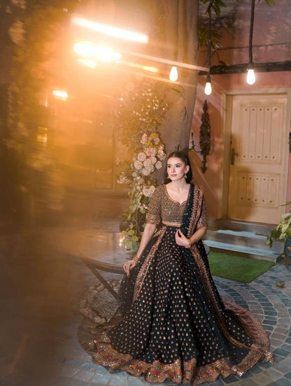 Black Poly Silk Lehenga Choli – Zari, Thread, Sequins & Dori Work with Net Dupatta