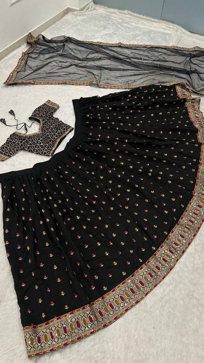 Black Poly Silk Lehenga Choli – Zari, Thread, Sequins & Dori Work with Net Dupatta
