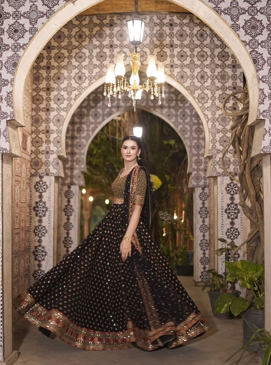 Black Poly Silk Lehenga Choli – Zari, Thread, Sequins & Dori Work with Net Dupatta