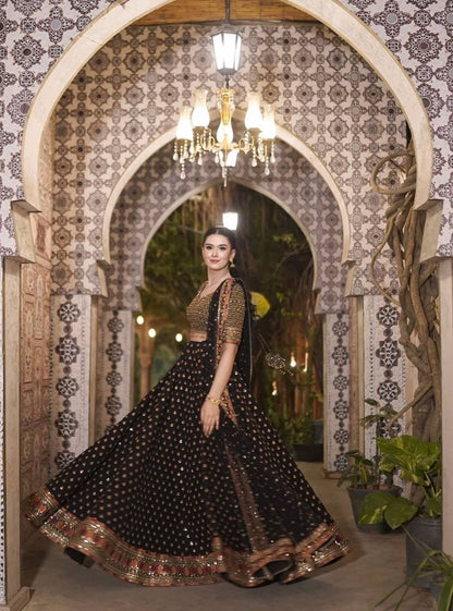 Black Poly Silk Lehenga Choli – Zari, Thread, Sequins & Dori Work with Net Dupatta