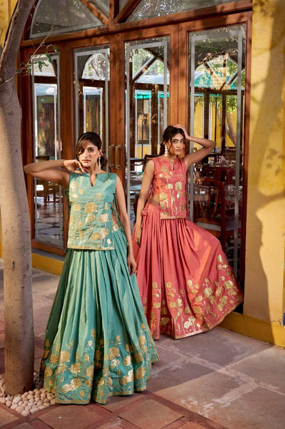 Pure Shimmer Co‑Ord Set – Thread Embroidery with Foil Work Lehenga, Blouse