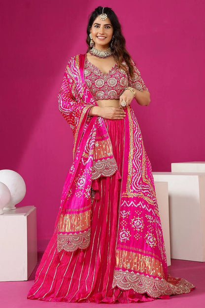 Chinone Silk Lehenga Choli – Golden Ribbon Work with Banglori Blouse & Maslin Silk