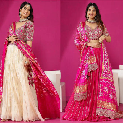 Chinone Silk Lehenga Choli – Golden Ribbon Work with Banglori Blouse & Maslin Silk