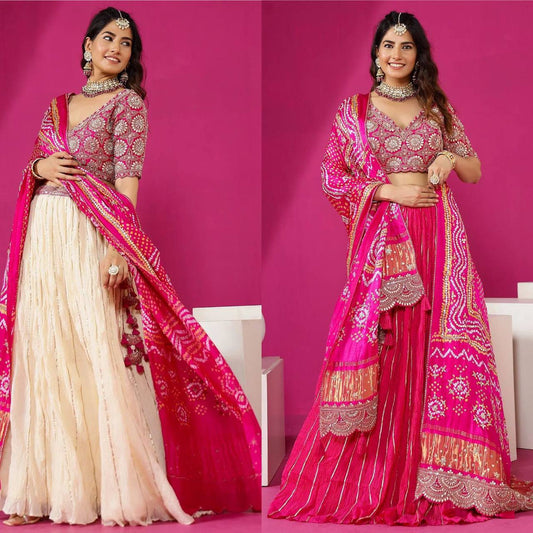 Chinone Silk Lehenga Choli – Golden Ribbon Work with Banglori Blouse & Maslin Silk