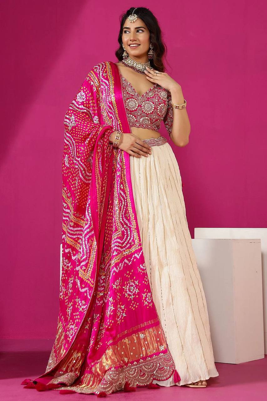 Chinone Silk Lehenga Choli – Golden Ribbon Work with Banglori Blouse & Maslin Silk