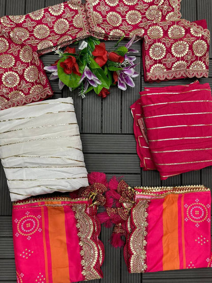 Chinone Silk Lehenga Choli – Golden Ribbon Work with Banglori Blouse & Maslin Silk