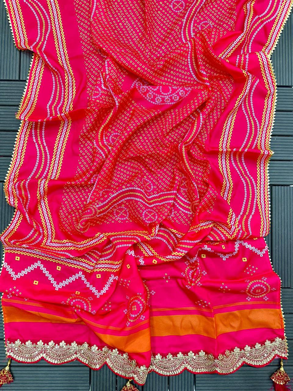 Chinone Silk Lehenga Choli – Golden Ribbon Work with Banglori Blouse & Maslin Silk