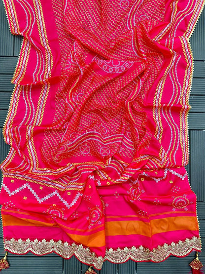 Chinone Silk Lehenga Choli – Golden Ribbon Work with Banglori Blouse & Maslin Silk