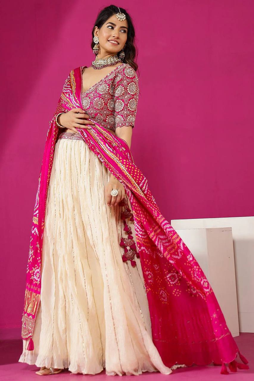 Chinone Silk Lehenga Choli – Golden Ribbon Work with Banglori Blouse & Maslin Silk