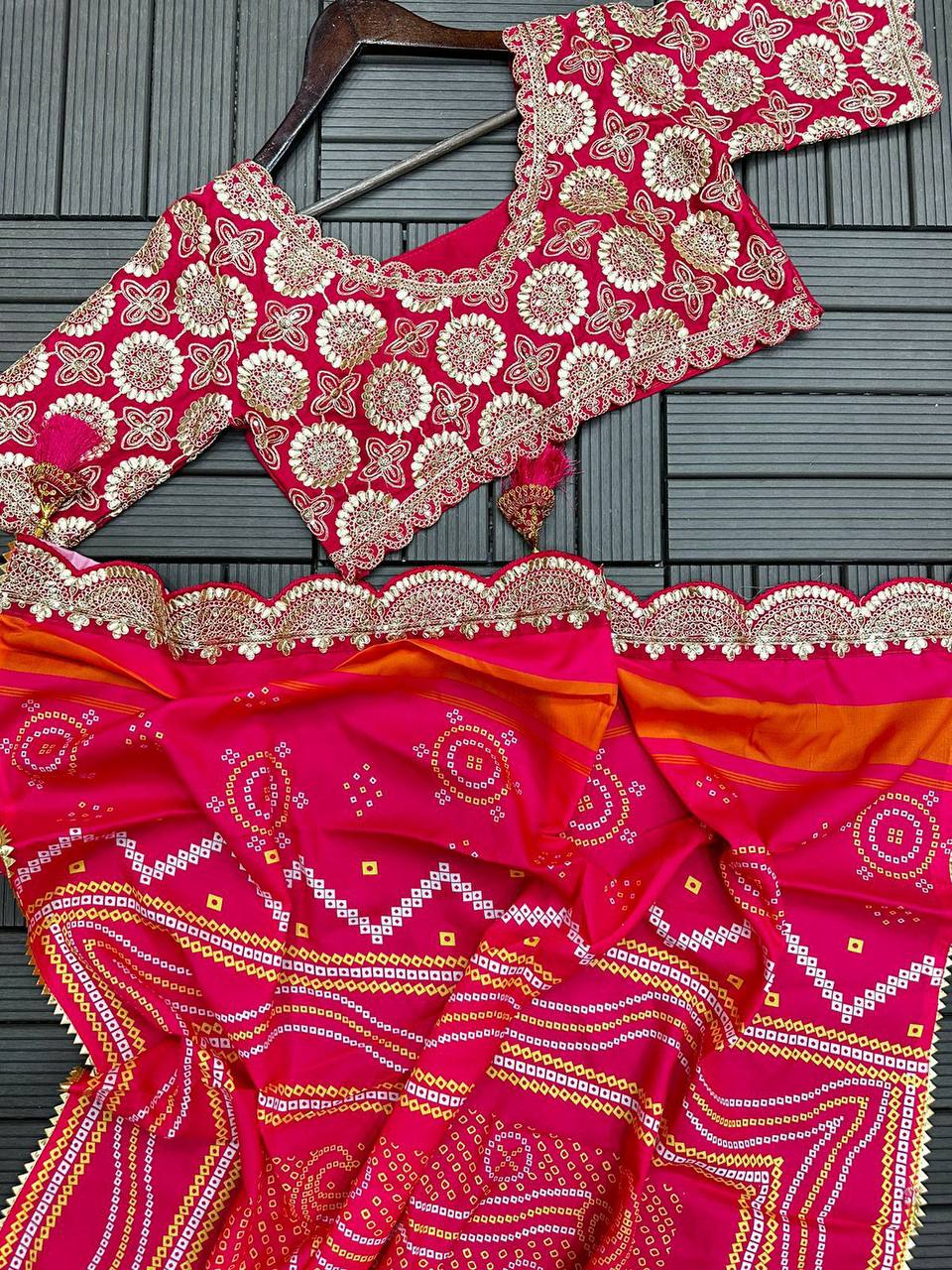 Chinone Silk Lehenga Choli – Golden Ribbon Work with Banglori Blouse & Maslin Silk