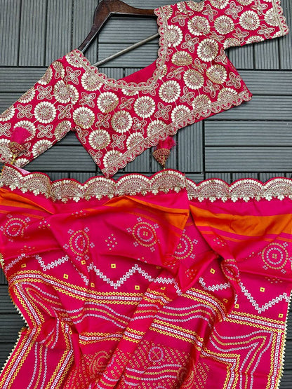 Chinone Silk Lehenga Choli – Golden Ribbon Work with Banglori Blouse & Maslin Silk