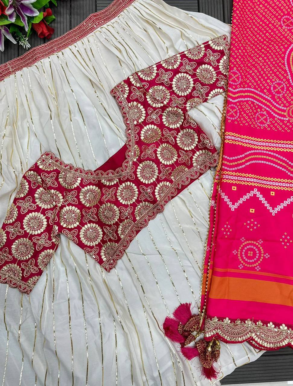 Chinone Silk Lehenga Choli – Golden Ribbon Work with Banglori Blouse & Maslin Silk