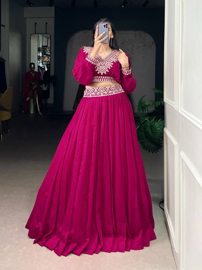 Vichitra Silk Co‑Ord Set Lehenga – Thread Embroidery Work with Dual Blouse Design