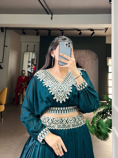 Vichitra Silk Co‑Ord Set Lehenga – Thread Embroidery Work with Dual Blouse Design