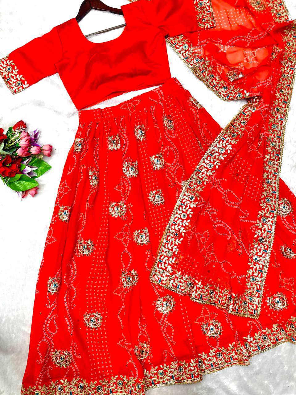 Georgette Digital Print Lehenga Choli Set With Embroidery Gotta Patti Work