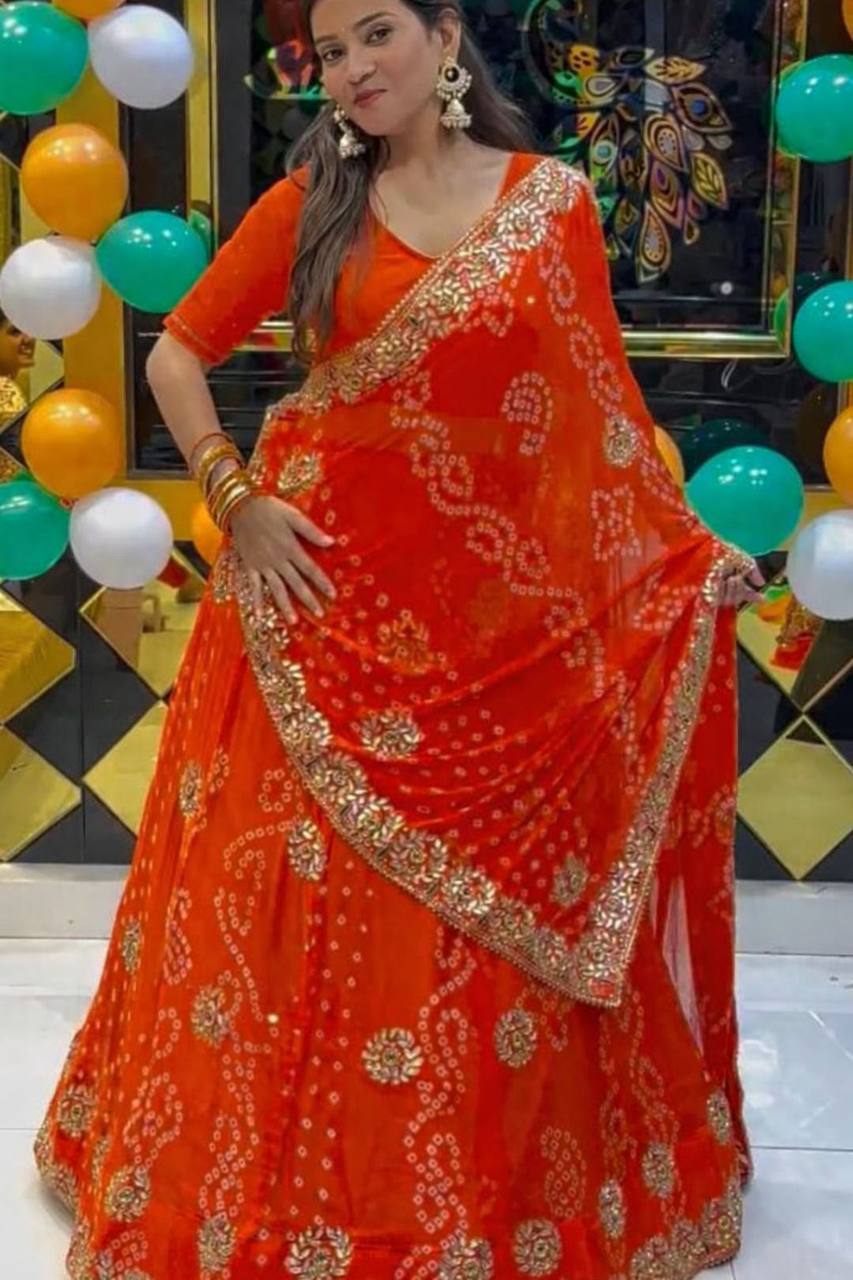 Georgette Digital Print Lehenga Choli Set With Embroidery Gotta Patti Work