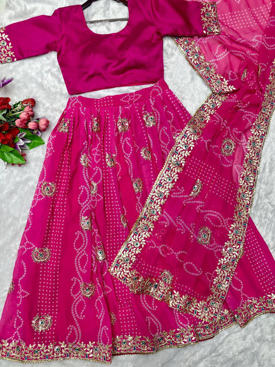 Georgette Digital Print Lehenga Choli Set With Embroidery Gotta Patti Work