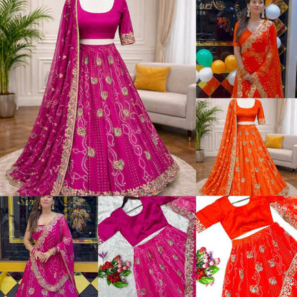 Georgette Digital Print Lehenga Choli Set With Embroidery Gotta Patti Work