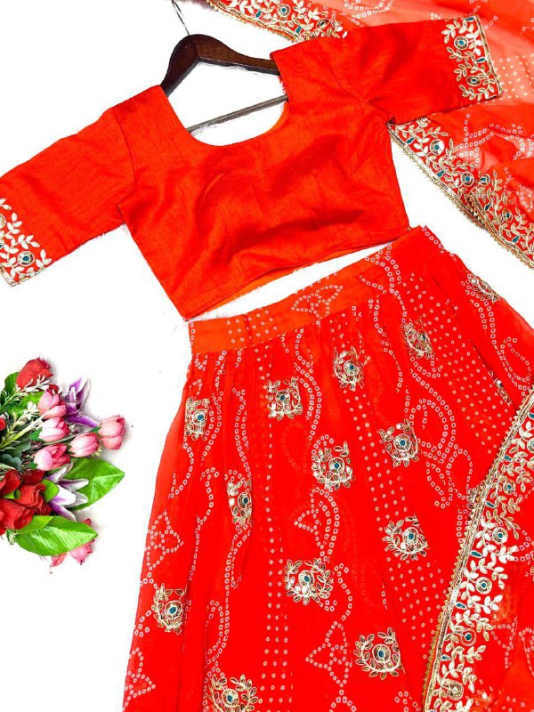 Georgette Digital Print Lehenga Choli Set With Embroidery Gotta Patti Work