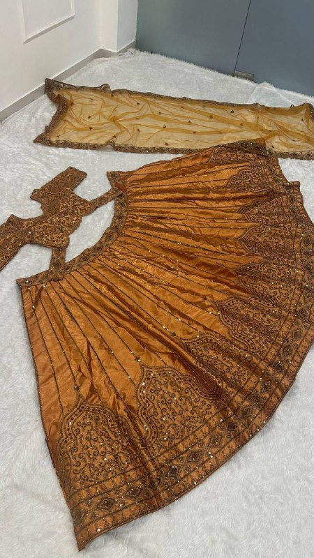 Premium Satin Silk Lehenga Choli Dupatta Set – Sequins & Dori Embroidery