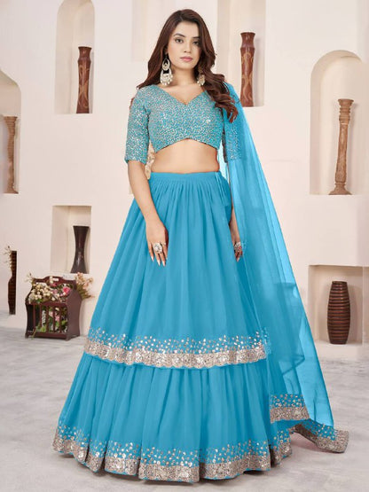 Sequin Designer Lehenga Set – Georgette Lehenga with Silver Sequin Border