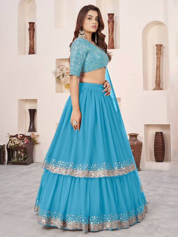 Sequin Designer Lehenga Set – Georgette Lehenga with Silver Sequin Border