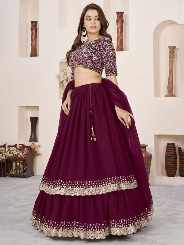 Sequin Designer Lehenga Set – Georgette Lehenga with Silver Sequin Border