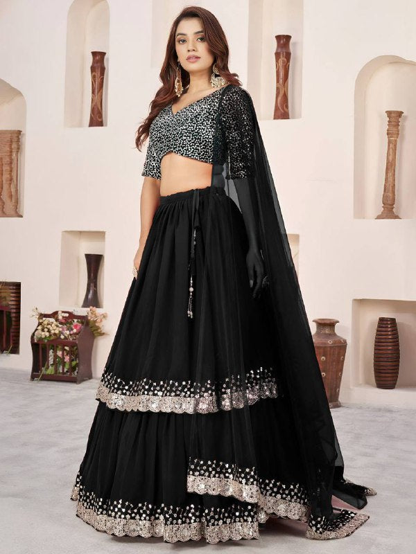 Sequin Designer Lehenga Set – Georgette Lehenga with Silver Sequin Border