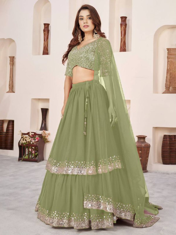 Sequin Designer Lehenga Set – Georgette Lehenga with Silver Sequin Border