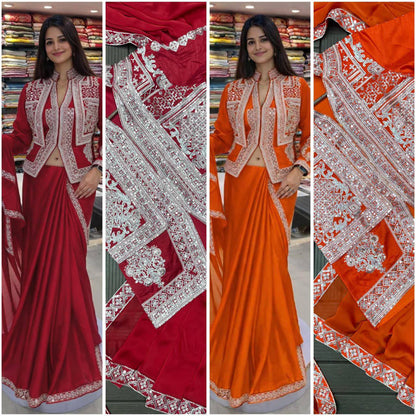 Trending Rangoli Saree with Embroidery Sequins Work & Banglori Jacket
