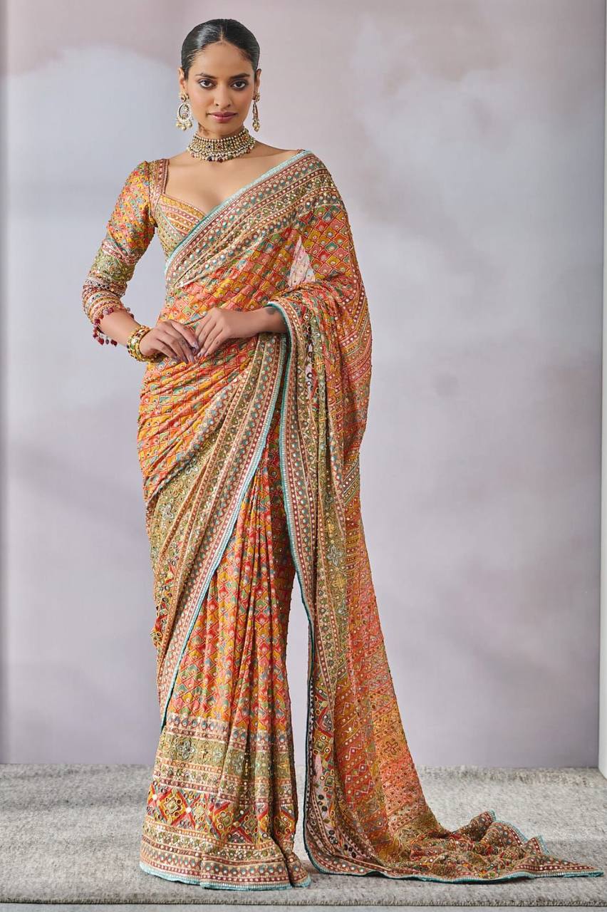 Premium Chinon Silk Saree – Real Mirror Work with Printed Design & Lace Pallu