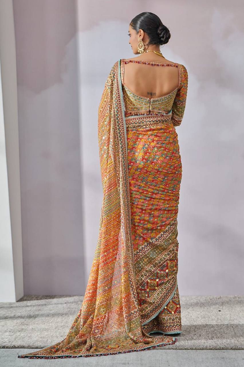 Premium Chinon Silk Saree – Real Mirror Work with Printed Design & Lace Pallu