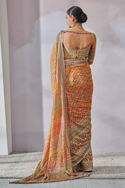 Premium Chinon Silk Saree – Real Mirror Work with Printed Design & Lace Pallu