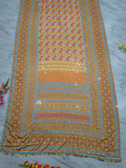 Premium Chinon Silk Saree – Real Mirror Work with Printed Design & Lace Pallu