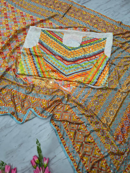 Premium Chinon Silk Saree – Real Mirror Work with Printed Design & Lace Pallu