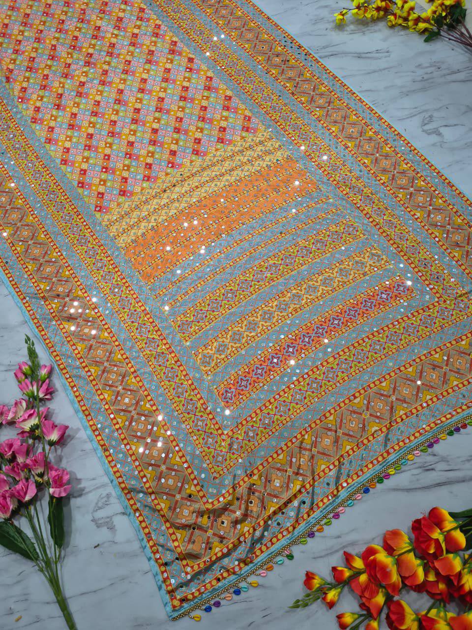 Premium Chinon Silk Saree – Real Mirror Work with Printed Design & Lace Pallu