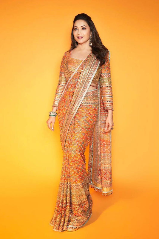 Premium Chinon Silk Saree – Real Mirror Work with Printed Design & Lace Pallu