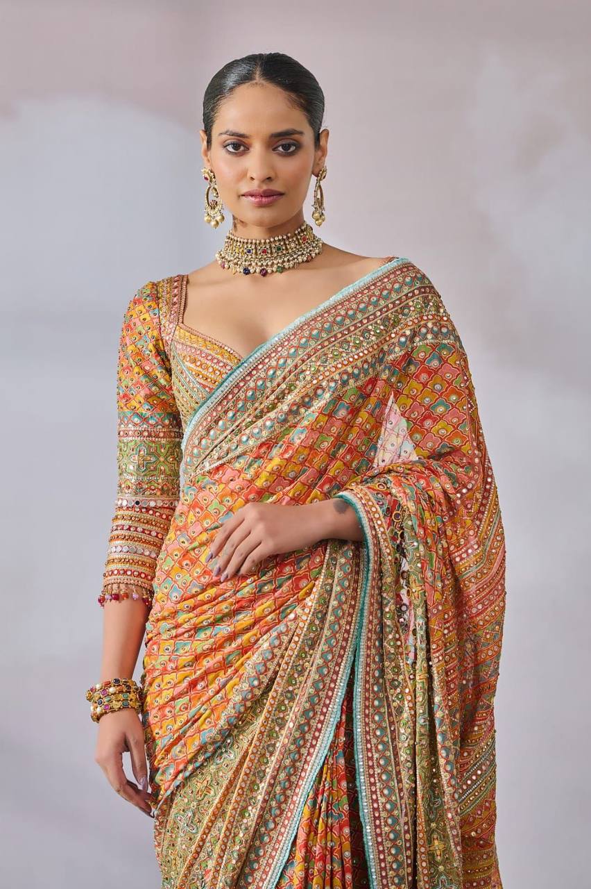 Premium Chinon Silk Saree – Real Mirror Work with Printed Design & Lace Pallu