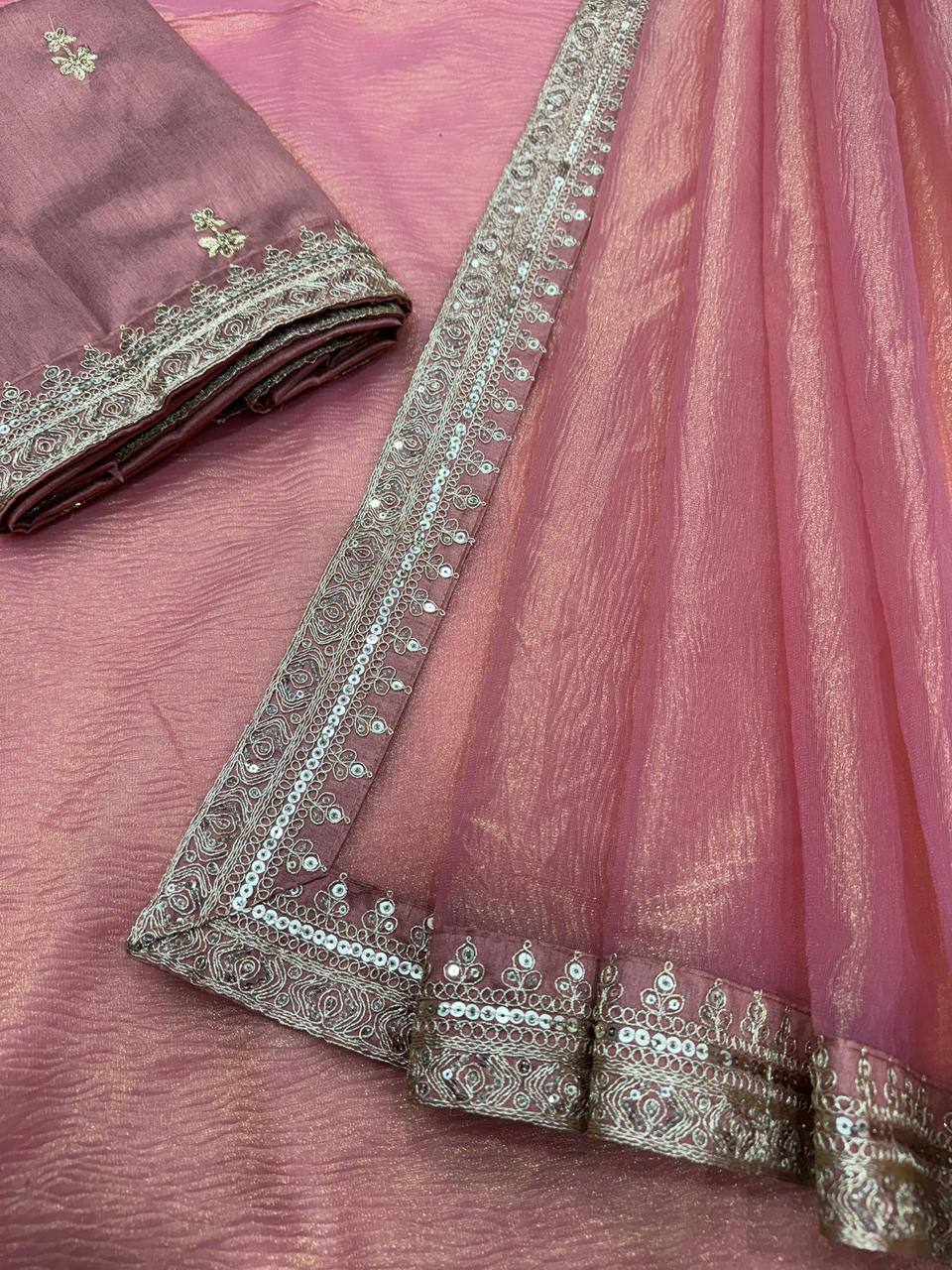 Bollywood Style Banarasi Crush Twill Saree – Sequins & Dori Embroidery Work