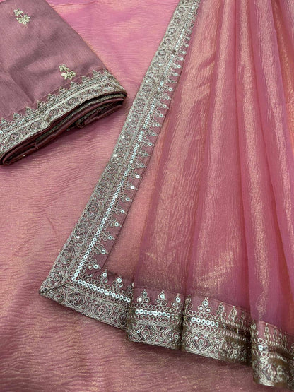 Bollywood Style Banarasi Crush Twill Saree – Sequins & Dori Embroidery Work